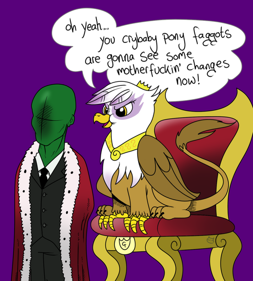 Size: 500x556 | Tagged: safe, artist:catfood-mcfly, derpibooru import, gilda, oc, oc:anon, gryphon, faggot, princess gilda, queen gilda, vulgar