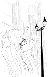 Size: 649x1001 | Tagged: artist:zev, derpibooru import, floppy ears, grayscale, looking up, monochrome, rarity, rarity takes manehattan, running makeup, sad, safe, season 4, solo, streetlight, wet, wet mane, wet mane rarity