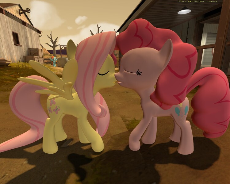 Size: 1280x1024 | Tagged: 3d, artist:gergta, derpibooru import, female, flutterpie, fluttershy, gmod, kissing, lesbian, pinkie pie, rainbow dash, shipping, suggestive