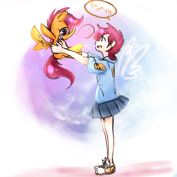 Size: 1000x1000 | Tagged: safe, artist:lessue, derpibooru import, scootaloo, human, pony, clothes, cute, cutealoo, holding a pony, human ponidox, humanized, light skin, miniskirt, pixiv, skirt, skirtaloo, solo