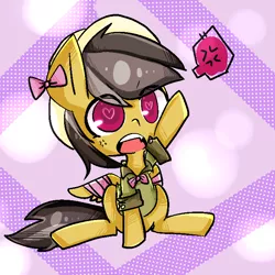Size: 700x700 | Tagged: dead source, safe, artist:lessue, derpibooru import, daring do, pegasus, pony, bandaged wing, bow, chibi, cute, daring dorable, heart eyes, sitting, solo, wingding eyes