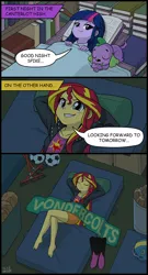 Size: 700x1301 | Tagged: safe, artist:uotapo, derpibooru import, spike, sunset shimmer, twilight sparkle, dog, equestria girls, equestria girls (movie), arm behind head, barefoot, basketball, book, book bed, boots, clothes, comic, cute, dialogue, eyes closed, feet, female, football, grin, homeless, jacket, library, looking up, male, on back, paws, shoes, skirt, sleeping, smiling, smirk, speech bubble, spikabetes, spike the dog