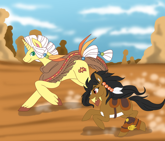 Size: 2397x2050 | Tagged: safe, artist:blazeshadow, derpibooru import, oc, oc:dream feather, oc:racing diamond, unofficial characters only, earth pony, pony, unicorn, clothes, female, male, mare, poncho, running, stallion, unshorn fetlocks