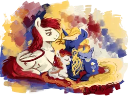 Size: 2000x1500 | Tagged: safe, artist:cuteskitty, derpibooru import, oc, oc:forest feather, oc:starry dreams, unofficial characters only, pegasus, pony, unicorn, family, female, male, mare, sleeping, stallion