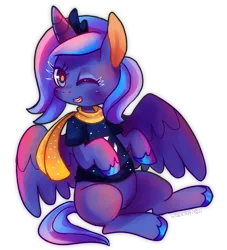 Size: 969x1066 | Tagged: artist:cherivinca, chibi, clothes, derpibooru import, filly, princess luna, safe, scarf, shirt, simple background, sitting, solo, wink, woona