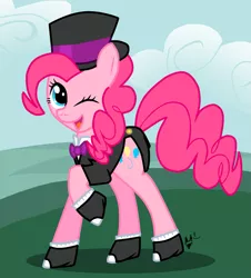 Size: 1277x1414 | Tagged: artist:frostheartissiamese, bowtie, clothes, derpibooru import, hat, pinkie pie, safe, solo, spats, suit, top hat, wink