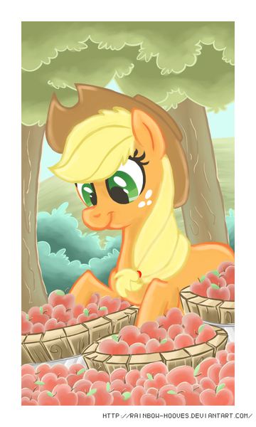 Size: 600x1000 | Tagged: safe, artist:rainbow-hooves, derpibooru import, applejack, apple, solo, tree