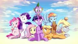 Size: 1920x1080 | Tagged: safe, artist:deannart, derpibooru import, applejack, derpy hooves, fluttershy, pinkie pie, rainbow dash, rarity, spike, twilight sparkle, twilight sparkle (alicorn), alicorn, dragon, earth pony, pegasus, pony, unicorn, accessory theft, anime, applejack's hat, cowboy hat, cupcake, female, food, hat, lidded eyes, mane seven, mane six, mare, mouth hold, muffin, stetson, wallpaper