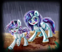 Size: 3000x2500 | Tagged: artist:aquagalaxy, derpibooru import, mud, rain, rarity, safe, sisters, sweetie belle, wet mane