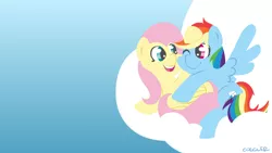 Size: 1024x576 | Tagged: safe, artist:coggler, derpibooru import, fluttershy, rainbow dash, cloud, female, flutterdash, lesbian, shipping