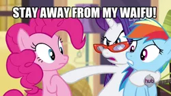 Size: 1280x720 | Tagged: angry, derpibooru import, female, glasses, image macro, lesbian, pinkie pie, rainbow dash, raridash, rarity, rarity takes manehattan, safe, shipping, waifu