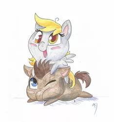 Size: 1024x1092 | Tagged: safe, artist:loryska, derpibooru import, derpy hooves, doctor whooves, time turner, pegasus, pig pony, pony, chibi, chubby, chubby cheeks, cute, derpabetes, female, mare, pointy ponies