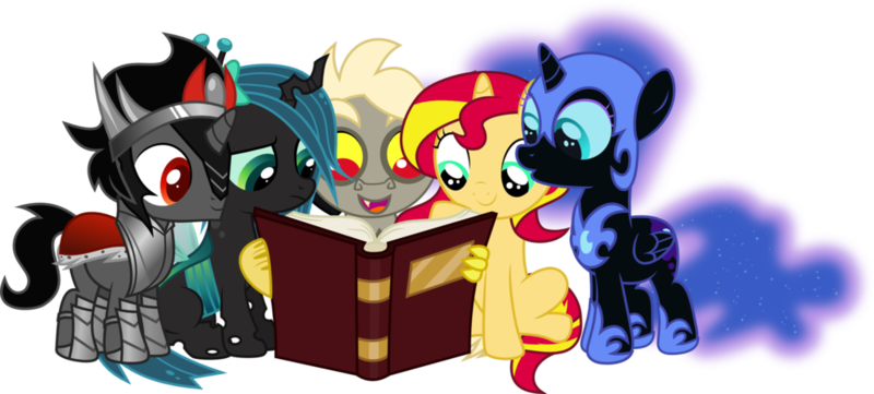 Size: 1024x462 | Tagged: dead source, safe, artist:bubblestormx, derpibooru import, discord, king sombra, nightmare moon, queen chrysalis, sunset shimmer, alicorn, changeling, changeling queen, draconequus, nymph, pony, unicorn, :o, colt, colt sombra, cute, cutealis, discute, female, filly, filly queen chrysalis, filly sunset shimmer, foal, frown, male, moonabetes, nightmare woon, open mouth, reading, shimmerbetes, simple background, sitting, smiling, sombradorable, white background, younger