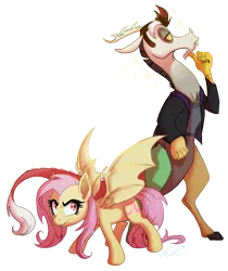 Size: 747x889 | Tagged: safe, artist:c-puff, artist:sakuyamon, derpibooru import, discord, fluttershy, bat pony, draconequus, pony, bats!, clothes, cute, digital art, discobat, discoshy, discute, female, flutterbat, male, race swap, shipping, shyabates, shyabetes, simple background, spread wings, standing, straight, transparent background, twilight (series), wings