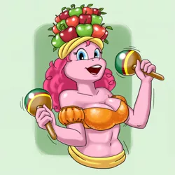 Size: 600x600 | Tagged: anthro, artist:carelessdoodler, cleavage, female, fruit, fruit hat, hat, jiggle, maracas, musical instrument, pinkie pie, safe, solo