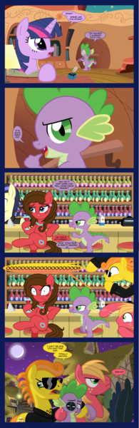 Size: 1100x3392 | Tagged: safe, artist:edowaado, derpibooru import, big macintosh, carrot cake, spike, twilight sparkle, oc, earth pony, pony, angry, black eye, chest hair, clothes, comic, guys night out, hypocritical humor, insult, leather jacket, male, oooooh, regular show, spikeabuse, stallion