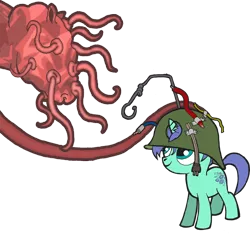 Size: 1000x938 | Tagged: adopted offspring, adoracreepy, artist:yenamuffin, creepy, cute, derpibooru import, fallout equestria, filly, helmet, mutant, no eyes, oc, oc:blossom, oc:taint fare, petting, semi-grimdark, smiling, tentacles, unofficial characters only, wat, wires