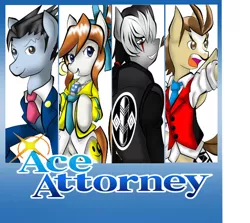 Size: 600x534 | Tagged: ace attorney, apollo justice, artist:fourze-pony, athena cykes, capcom, comic, cover, crossover, derpibooru import, game cover, group, parody, phoenix wright, ponified, safe, simon blackquill, tumblr