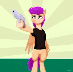 Size: 1022x1010 | Tagged: anthro, artist:themightycoolblender, derpibooru import, gun, safe, scootaloo, solo