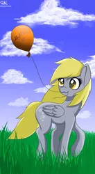 Size: 900x1641 | Tagged: safe, artist:shiarr, derpibooru import, derpy hooves, pegasus, pony, :3, balloon, cute, female, mare, mouth hold, solo