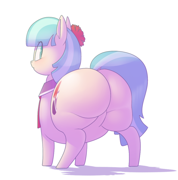 Size: 843x856 | Tagged: suggestive, artist:secretgoombaman12345, derpibooru import, coco pommel, earth pony, rarity takes manehattan, blushing, butt, coco pudge, fat, female, hatbutt, plot, solo, solo female, the ass was fat