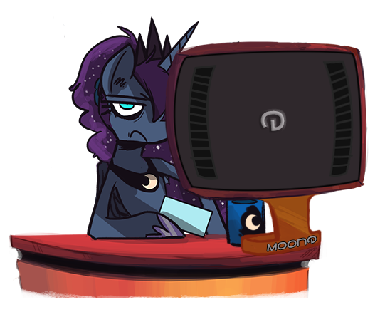 Size: 541x438 | Tagged: safe, artist:herny, derpibooru import, princess luna, luna-afterdark, coffee, monitor, simple background, solo, transparent background