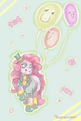 Size: 1000x1500 | Tagged: artist:blueteardrop, balloon, clothes, derpibooru import, hat, mouth hold, necktie, pinkie pie, safe, solo, suit, top hat