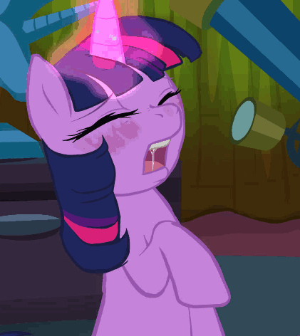 Size: 421x472 | Tagged: questionable, artist:buttercupsaiyan, deleted from derpibooru, derpibooru import, twilight sparkle, animated, blushing, double the fun, drool, eyes closed, gif, glowing horn, hornboner, image, implied sex, magic, open mouth, raised hoof, solo