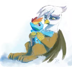 Size: 1500x1407 | Tagged: safe, artist:raikoh, derpibooru import, gilda, rainbow dash, gryphon, pony, cloud, cloudy, commission, female, holding a pony, image, looking at something, mare, plushie, png, sad, signature, sitting, sky, solo