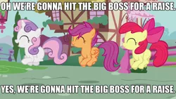 Size: 1280x720 | Tagged: apple bloom, cutie mark crusaders, derpibooru import, dumbo, edit, edited screencap, hearts and hooves day, hearts and hooves day (episode), meme, movie quote, pronking, safe, scootaloo, screencap, skipping, song reference, sweetie belle, the perfect stallion