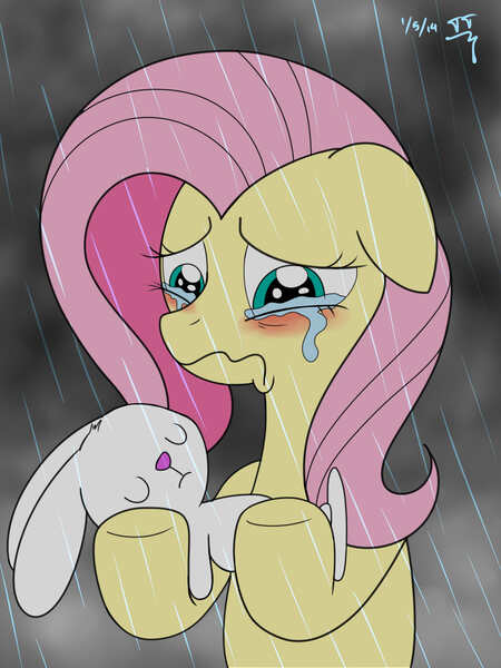 Size: 1800x2400 | Tagged: angel bunny, artist:tomtornados, cloud, cloudy, colored, crying, dark, dead, fluttershy, holding, rain, safe