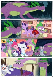 Size: 1130x1631 | Tagged: safe, artist:brainsister, derpibooru import, applejack, fluttershy, pinkie pie, rainbow dash, rarity, spike, twilight sparkle, dragon, pony, unicorn, comic:time, cave, comic, female, future, immortality blues, male, mane seven, mane six, mare, memories, shipping, sparity, spikezilla, straight, unicorn twilight, winged spike, winged spikezilla