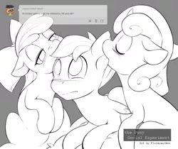 Size: 1280x1077 | Tagged: suggestive, artist:florecentmoo, derpibooru import, apple bloom, scootaloo, sweetie belle, earth pony, pegasus, pony, unicorn, ask, blushing, cutie mark crusaders, ear bite, female, filly, foalcon, grayscale, lineart, monochrome, request, tumblr