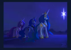 Size: 1280x905 | Tagged: safe, artist:raikoh, derpibooru import, princess cadance, princess celestia, princess luna, christmas, night, parody, stargazing, stars, three wise men