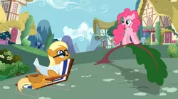 Size: 1054x592 | Tagged: safe, derpibooru import, screencap, apple cobbler, pinkie pie, pony, a friend in deed, apple family member, female, glasses, mare, sunbathing, tanning, tanning mirror, tree