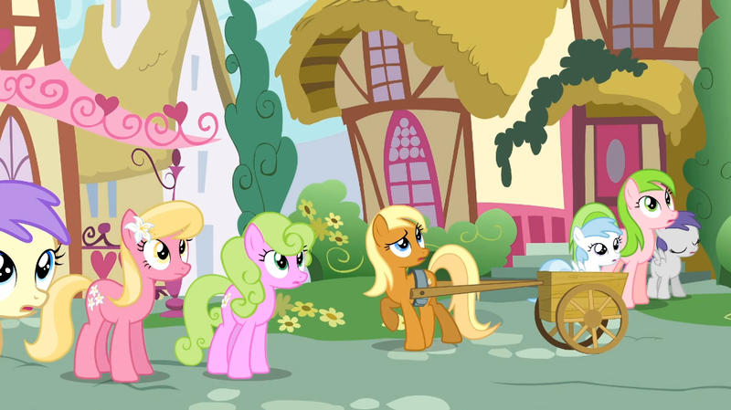 Size: 1054x592 | Tagged: safe, derpibooru import, screencap, alula, apple cobbler, cotton cloudy, daisy, flower wishes, lily, lily valley, pluto, princess erroria, red gala, tornado bolt, pegasus, pony, a friend in deed, 4chan, apple family member, awwlula, awwpple cobbler, background pony, cart, cottonbetes, cute, daisybetes, erroriabetes, female, filly, gasp, gasping, lilybetes, mare, ponyville, redbetes, tornadorable, wagon