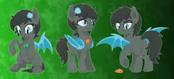 Size: 1584x725 | Tagged: safe, artist:thegamblehorse, deleted from derpibooru, derpibooru import, oc, oc:seachell, unofficial characters only, bat pony, pony, abstract background, badge, bat pony oc
