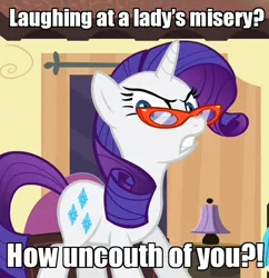 Size: 698x720 | Tagged: safe, derpibooru import, edit, edited screencap, screencap, rarity, rarity takes manehattan, caption, glare, glasses, image macro, looking at you, solo