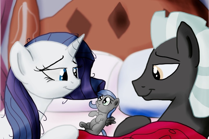 Size: 1024x684 | Tagged: artist:biosonic100, baby, bed, derpibooru import, female, male, oc, offspring, parent:rarity, parents:rarilane, parent:thunderlane, rarilane, rarity, safe, shipping, straight, thunderlane