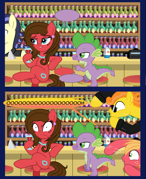 Size: 1100x1347 | Tagged: safe, artist:edowaado, derpibooru import, big macintosh, carrot cake, spike, earth pony, pony, burn, male, stallion