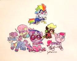 Size: 2337x1860 | Tagged: safe, artist:jothecatlover, derpibooru import, applejack, fili-second, fluttershy, masked matter-horn, mistress marevelous, pinkie pie, radiance, rainbow dash, rarity, saddle rager, twilight sparkle, zapp, pony, power ponies (episode), babity, baby, baby dash, baby pie, baby pony, babyjack, babylight sparkle, babyshy, clothes, costume, filly, foal, mane six, power ponies, traditional art, younger