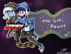 Size: 1102x834 | Tagged: safe, artist:the-butch-x, derpibooru import, trixie, twilight sparkle, equestria girls, converse, cosplay, keyboard, mordecai, mordecai and rigby, regular show, rigby, the power