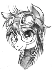 Size: 500x705 | Tagged: artist:derp-my-life, bust, derpibooru import, goggles, monochrome, portrait, rainbow dash, safe, smiling, solo, traditional art, wonderbolts, wonderbolts uniform, wonderbolt trainee uniform