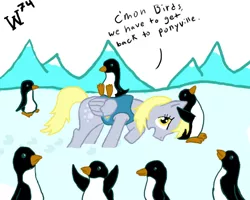 Size: 720x576 | Tagged: safe, artist:wolferahm, derpibooru import, derpy hooves, pegasus, penguin, pony, winter wrap up, antarctica, background pony, clothes, female, mare, mountain, north pole, snow, solo, vest, weather team, went north to get the southern birds, winter wrap up vest