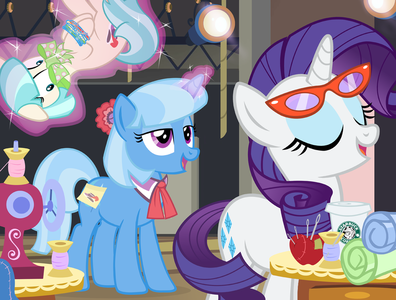 Size: 1200x910 | Tagged: alternate hairstyle, artist:pixelkitties, bondage, coco pommel, derpibooru import, disguise, glasses, mane swap, product placement, rarity, rarity's glasses, rarity takes manehattan, safe, seems legit, starbucks, there's a spy around here, trixie, unsexy bondage, working