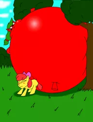 Size: 1696x2208 | Tagged: apple bloom, applejack, applejack becoming an apple, artist:robot001, derpibooru import, inflation, safe
