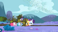 Size: 1054x592 | Tagged: safe, derpibooru import, screencap, applejack, pinkie pie, rainbow dash, rarity, twilight sparkle, dragon, pony, unicorn, dragon quest, camouflage, dragon migration, female, hat, helmet, lidded eyes, mare, trench