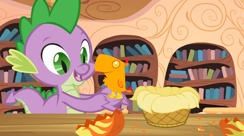 Size: 1116x627 | Tagged: baby, basket, derpibooru import, dragon, dragon quest, eggshell, golden oaks library, peewee, phoenix, phoenix chick, safe, screencap, spike