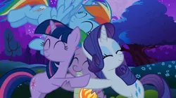 Size: 1054x592 | Tagged: safe, derpibooru import, screencap, rainbow dash, rarity, spike, twilight sparkle, dragon, pegasus, pony, unicorn, dragon quest, egg, female, group hug, hug, male, mare, phoenix egg, quartet, spikelove, unicorn twilight