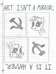 Size: 2168x2840 | Tagged: artist:horselover fat, derpibooru import, hammer and sickle, monochrome, safe, solo, text, traditional art, twilight sparkle